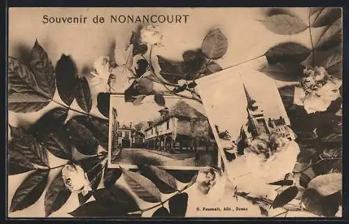 AK Nonancourt, Souvenir avec scènes de ville et fleurs