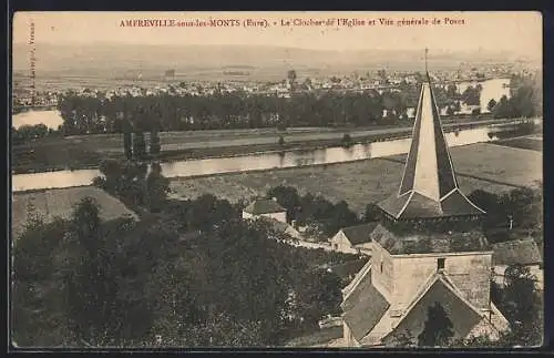 AK Amfreville-sous-les-Monts, Le Clocher de l`Église et Vue générale de Poses