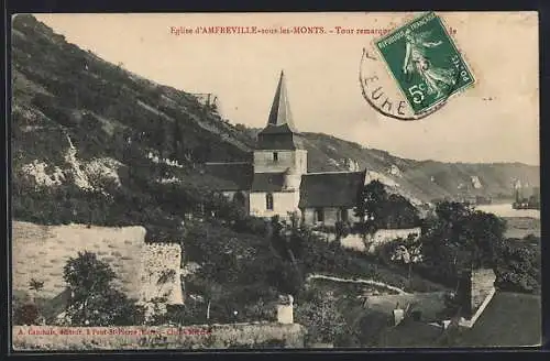 AK Amfreville-sous-les-Monts, Église et tour remarquable dans le paysage vallonné