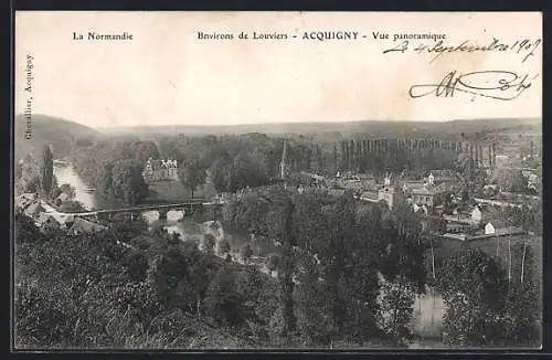 AK Acquigny, Vue panoramique sur la rivière et le village en Normandie