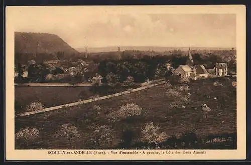 AK Romilly-sur-Andelle, Vue d`ensemble, À gauche, la Côte des Deux Amants