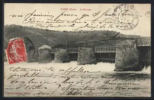 AK Poses, Le Barrage sur la Seine avec vue du pont et paysage environnant