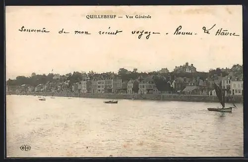 AK Quillebeuf, Vue générale du village et de la rivière avec voiliers