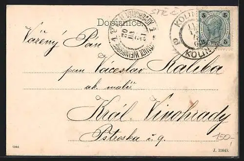 AK Kolin, Marktplatz mit Denkmal und Geschäften