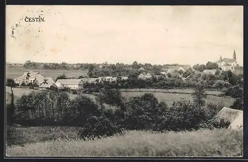 AK Cestín, Ortsansicht aus der Vogelschau