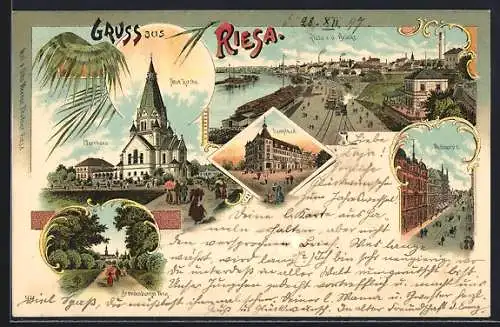 Lithographie Riesa, Ortsansicht von der Brücke, Ortspartie mit Neuer Kirche und Pfarrhaus