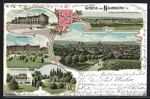 Lithographie Naumburg a. S., Artillerie-Kaserne Otstrasse, Totalansicht, Kadettenhaus, Partie im Bürgergarten