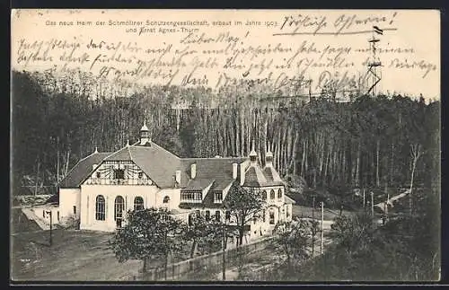 AK Schmölln / S.-A., Heim der Schmöllner Schützengesellschaft und Ernst Agnes Turm