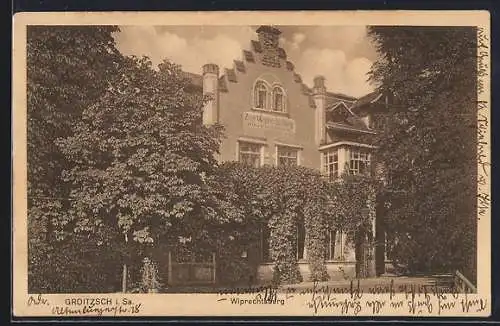 AK Groitzsch, Blick auf Gasthaus zur Wiprechtsburg, Inh. O. Friedrich