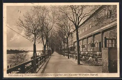 AK Rendsburg, Gasthaus Conventgarten am Kaiser Wilhelm Kanal, Bes. C. Schulze