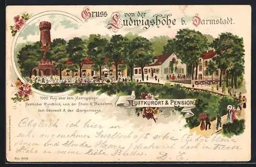 Lithographie Darmstadt, Gasthaus Ludwigshöhe, Aussenansicht