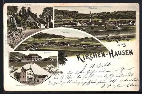 Lithographie Kirchen-Hausen, Ortsansicht von oben, Bahnhof, Handlung von J. Binder