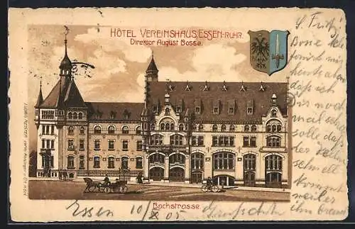 Lithographie Essen /Ruhr, Hotel Vereinshaus von August Bosse, Bachstrasse