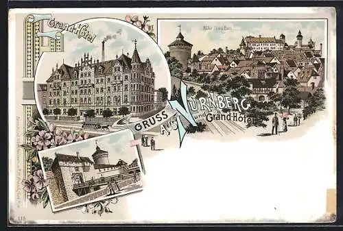 Lithographie Nürnberg, Grand Hôtel, Haller Tor und Burg, Brücke