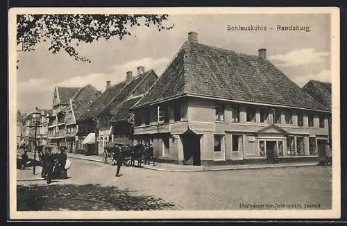 AK Rendsburg, Strassenpartie in der Schleuskuhle, Kutsche und Passanten