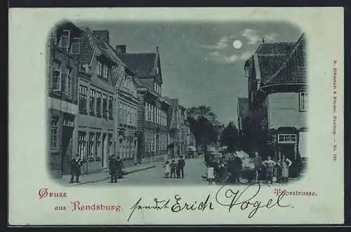 Mondschein-Lithographie Rendsburg, Thorstrasse bei Nacht