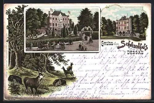 Lithographie Dessau, Gasthaus Schwedenhaus und Rotwild