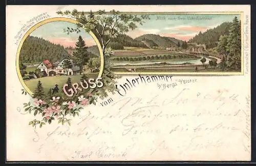 Lithographie Berga a. Elster, Restaurant Unterhammer v. Hermann Lätzsch