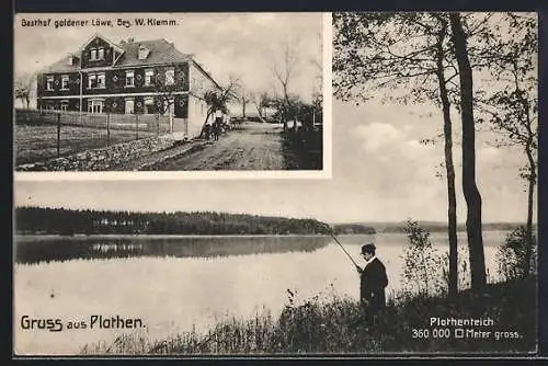 AK Plothen, Gasthof goldener Löwe v. W. Klemm und Angler am Plothenteich