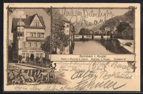 AK Gernsbach i. Murgtal, Hotel-Pension zum Löwen v. L. Singer, Flusspartie