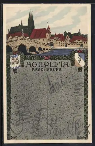 AK Regensburg, Agilolfia, Studentenwappen und Ortsansicht