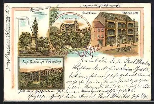 Lithographie Greiz, Geschäftshaus Heinrich Tietz, Landkrankenhaus