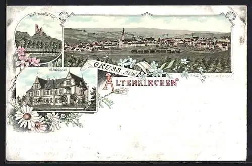 Lithographie Altenkirchen / Westerwald, Ruine Reichenstein, Ständehaus und Panorama