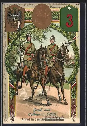 Lithographie Eichstetten, Soldaten vom 3. Regiment auf Pferden