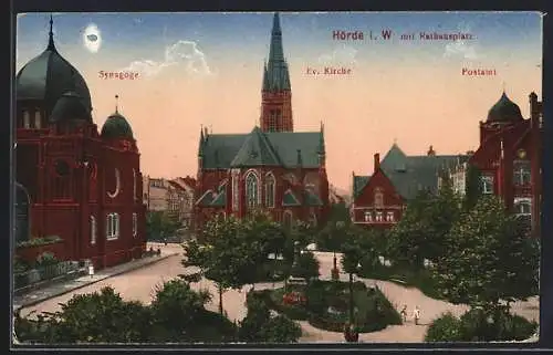 AK Hörde i. W., Synagoge, Ev. Kirche und Postamt