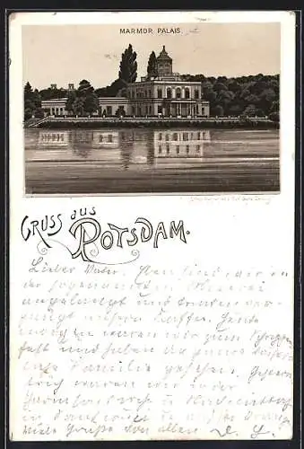 Vorläufer-Lithographie Potsdam, 1894, Marmor Palais vom Wasser aus