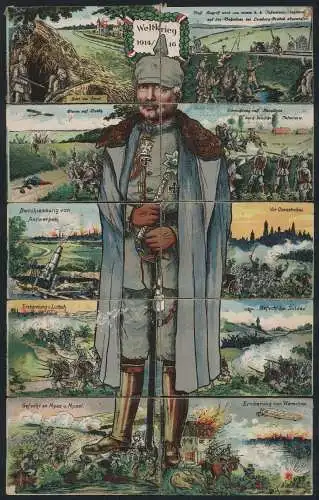 Puzzle-AK Kaiser Wilhelm II. in Uniform, Erstürmung von Lüttich, vor Czenstochau, Eroberung von Warschau