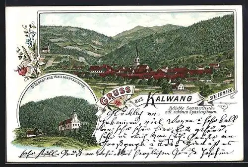 Lithographie Kalwang /Steiermark, St. Sebastians Wallfahrtskirche