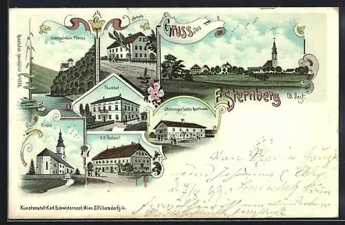 Lithographie Esternberg /Ob. Oest., Kirche, Steininger`sches Gasthaus und Pfarrhof