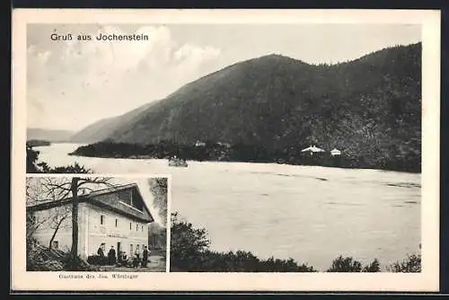 AK Jochenstein, Gasthaus des. Jos. Würzinger, Flusspartie mit Berglandschaft