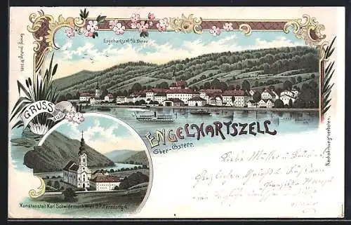 Lithographie Engelhartszell /Ober-Österr., Ortsansicht und Kirche