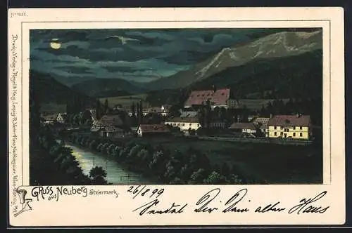 Lithographie Neuberg /Steiermark, Ortsansicht bei Nacht