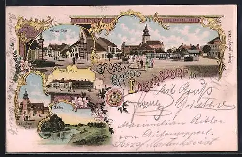 Lithographie Gross-Enzersdorf /N. Ö., Rathaus, Kasernthor und Lobau