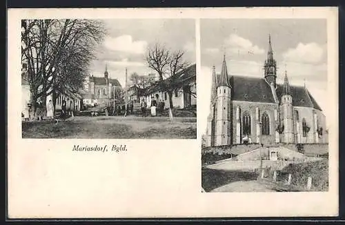 AK Mariasdorf /Burgenland, Strassenpartie mit Kirche u. kleiner Versammlung, Kirche mit Anlage