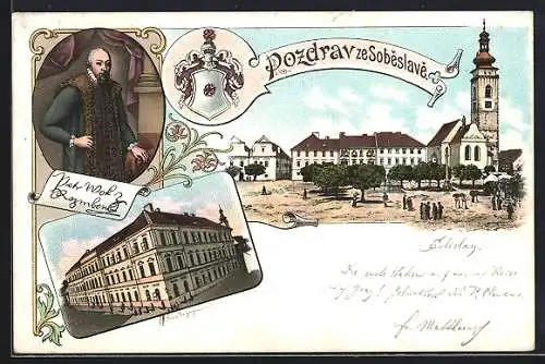 Lithographie Sobeslav, Platz mit Passanten, Amtsgebäude, Wappen