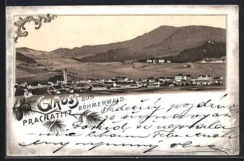 Lithographie Prachatitz /Böhmerwald, Panorama der Ortschaft