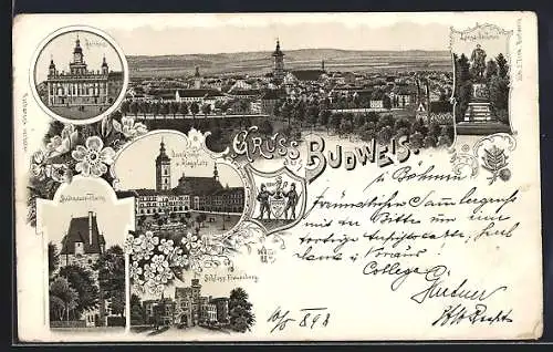 Lithographie Budweis / Ceske Budejovice, Rathhaus, Lanna-Denkmal, Domkirche und Ringplatz, Schloss Frauenberg