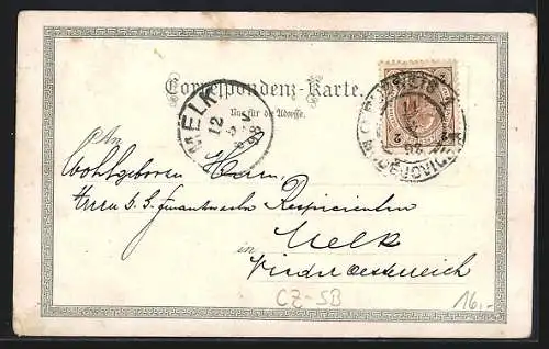 Lithographie Budweis / Ceske Budejovice, Rathhaus, Lanna-Denkmal, Domkirche und Ringplatz, Schloss Frauenberg