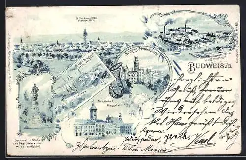 Lithographie Budweis / Ceske Budejovice, Ringplatz, Brauerei, Bleistift- und Tonwarenfabrik