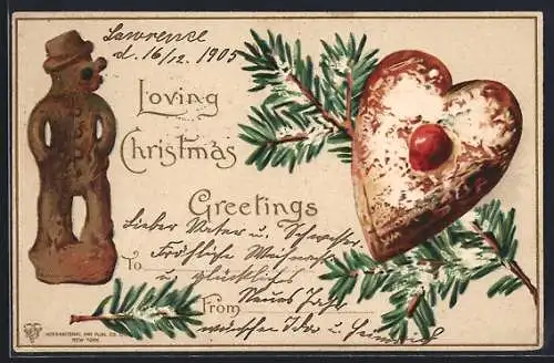 AK Lebkuchen mit verschneitem Tannenzweig, Christmas Greetings