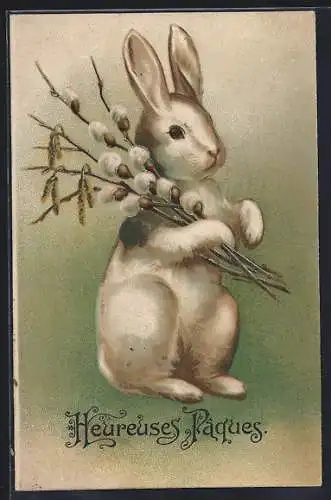 Präge-AK Osterhase mit Weidenzweigen, Heureuses Pâques