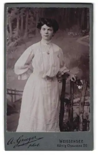 Fotografie A. Grieger, Weissensee, König Chaussee 20, Frau in eleganter Pose