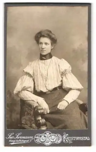 Fotografie Sw. Svensson, Kristianstad, Köttorget 222A, Porträt einer Dame mit elegantem Kleid