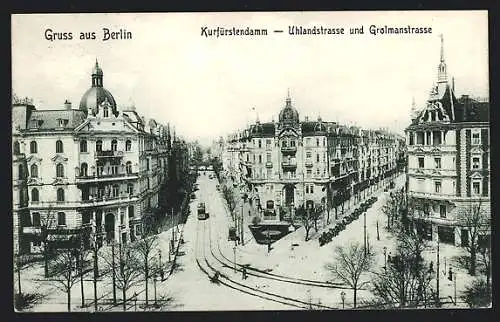 AK Berlin-Charlottenburg, Kurfürstendamm-Uhlandstrasse und Grolmanstrasse mit Strassenbahn