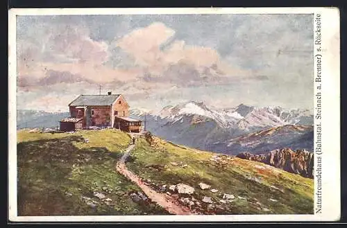 AK Naturfreundehaus a. Padasterjoch, Wanderer auf dem Weg zur Hütte