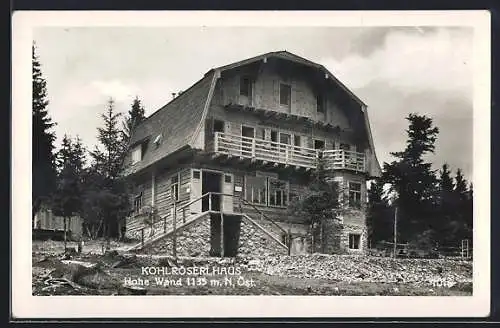 AK Kohlröserlhaus /Hohe Wand, Ansicht vor Nadelbäumen